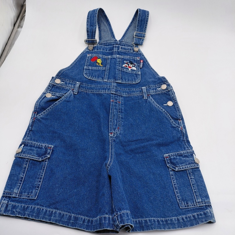 Vtg Looney Tunes Denim Overall Shorts Youth L 10/12 Tweety Sylvester 90s Y2K - Picture 3 of 10